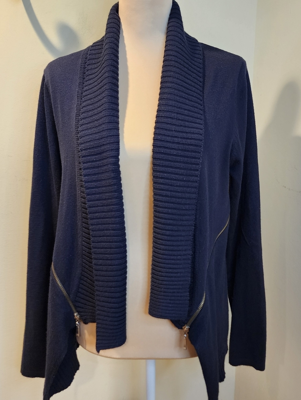 Joan Vass Navy  Ribbed Shawl Collar Open Cardigan Sweater Size L
